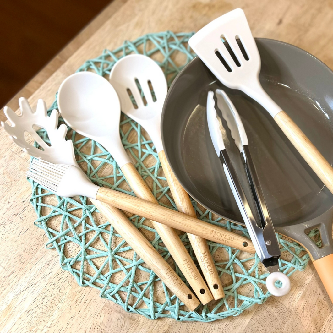 Hope30 Kitchen Custom Silicone Utensils Set with Bamboo Handles