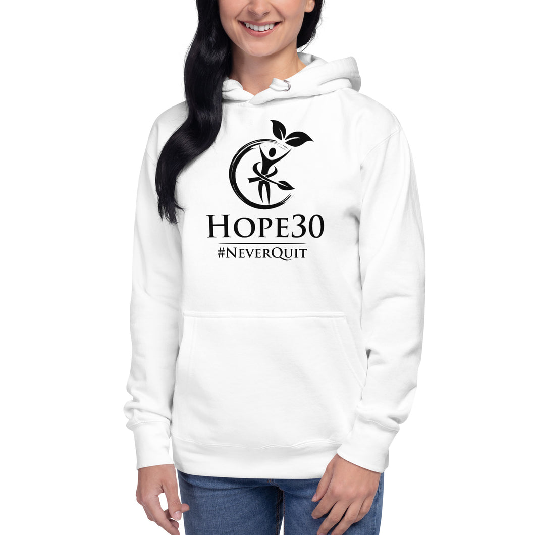 Hope30 Unisex White Hoodie w/Classic Black Logo